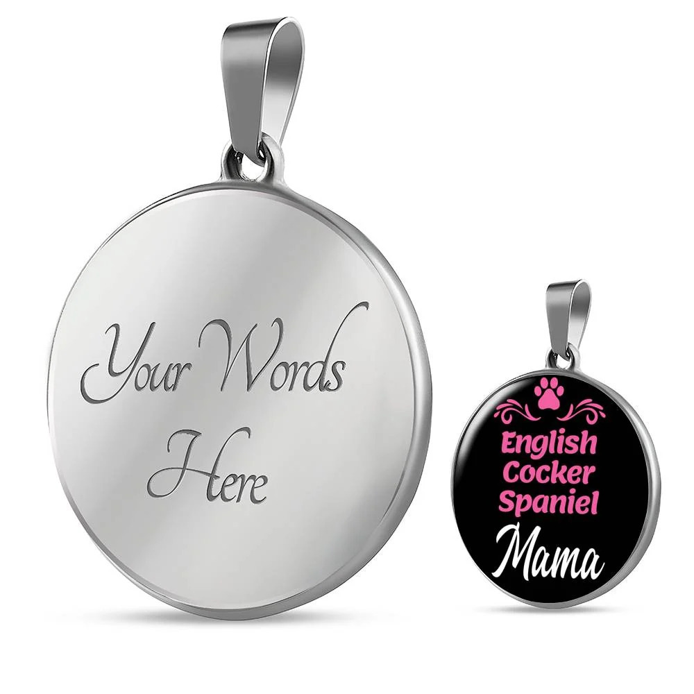 English Cocker Spaniel Mama Circle Pendant Necklace Stainless Steel 24 Inch Cha